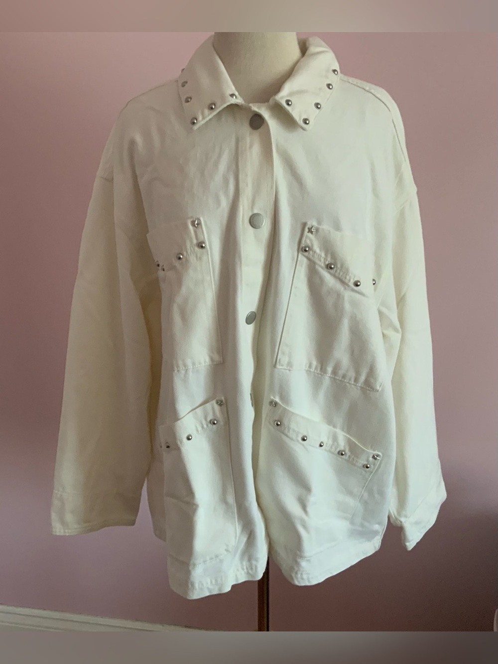 White Denim Studded Button-Front Jacket